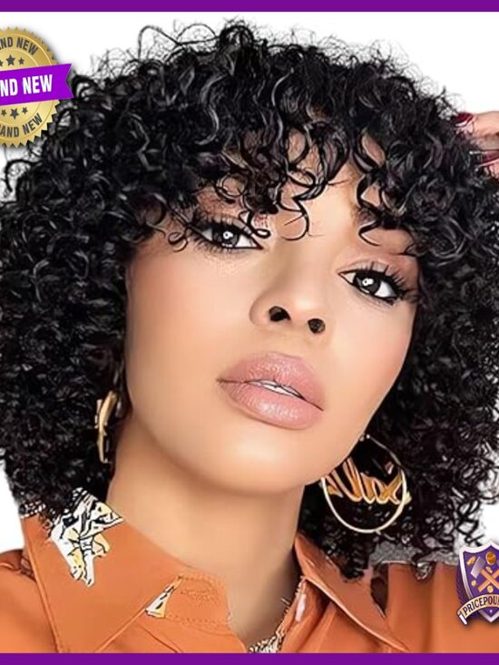 Short Jerry Curl Bob Wig 12 Inch Glueless Human Hair with Bangs Wear and Go main image 5